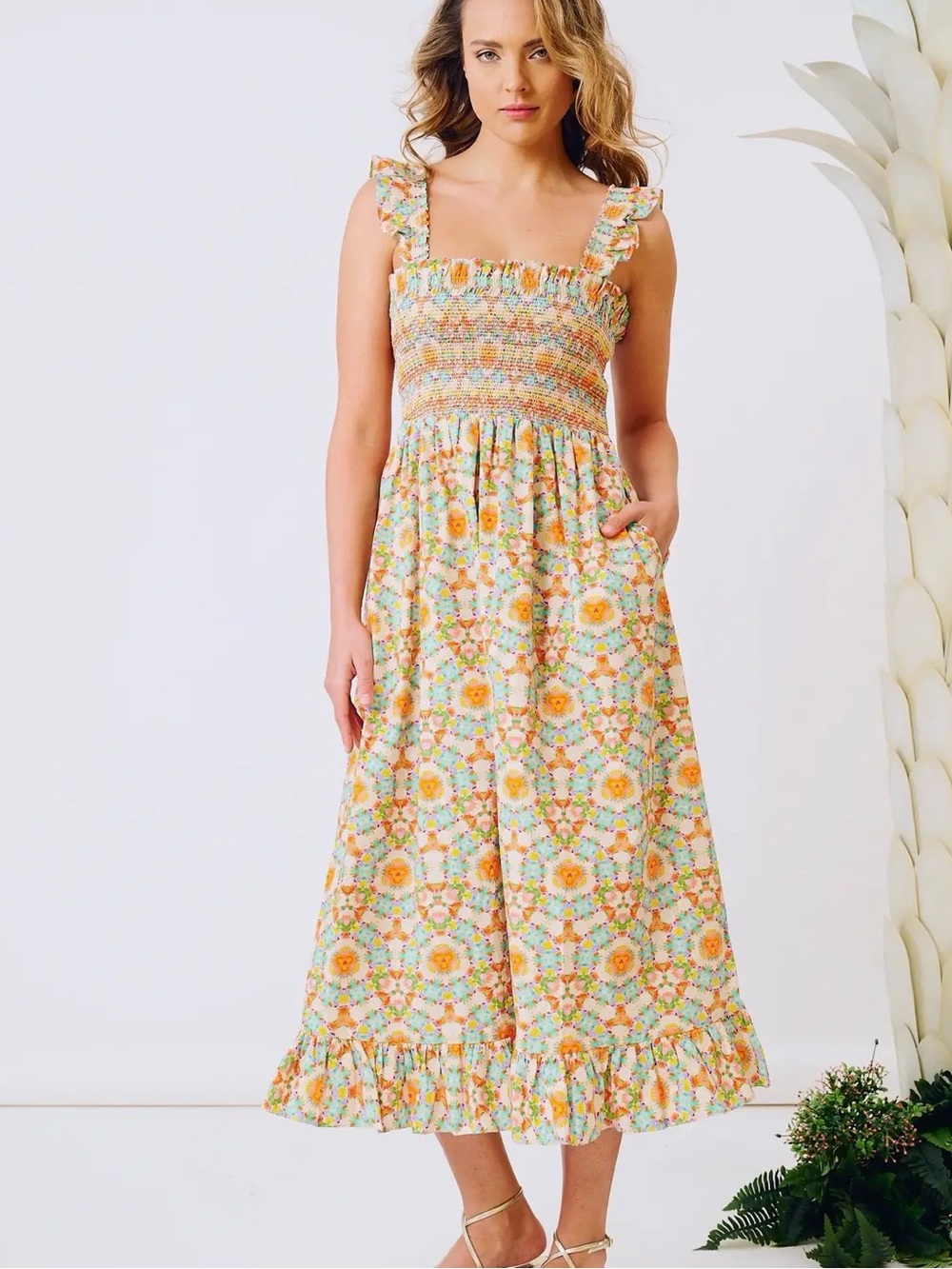 Brooks Ave. by Laura Park Smocked Floral Midi Palmer Dress Yellow toucan NWT